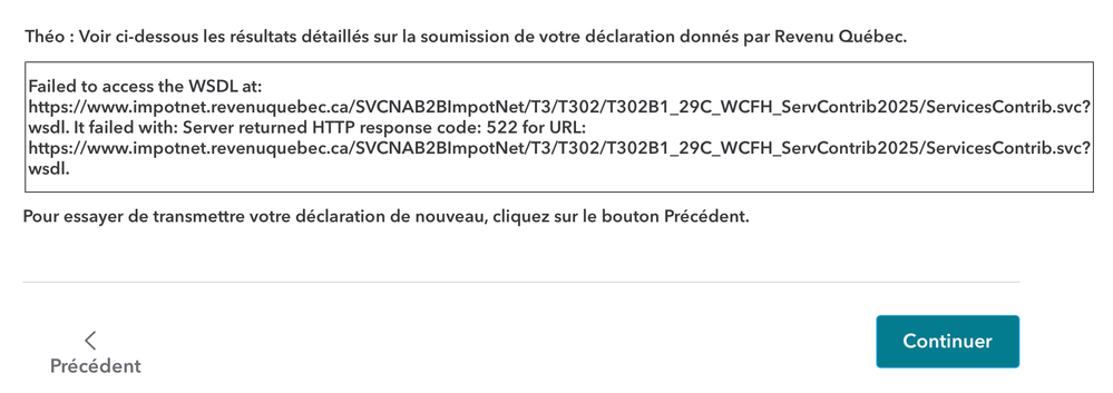 Message d'erreur - Transmission ImpôtNet QC